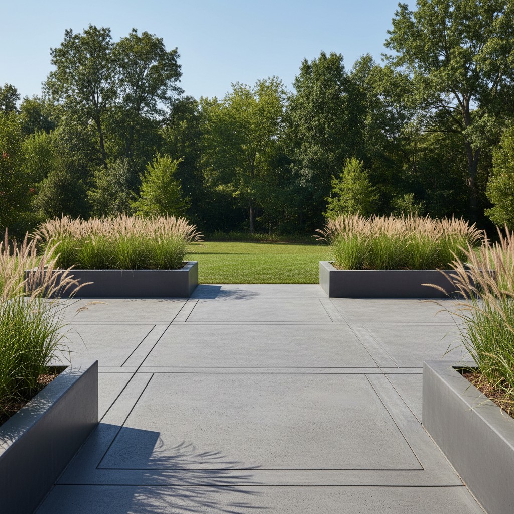 Outdoor staircase leading up to a manicured lawn.