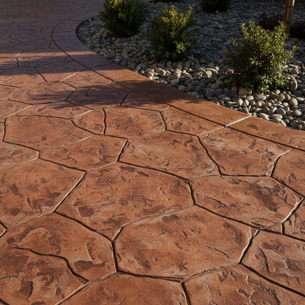The text alt for this image is: A brown-stamped concrete walkway near landscaping and decorative stones.