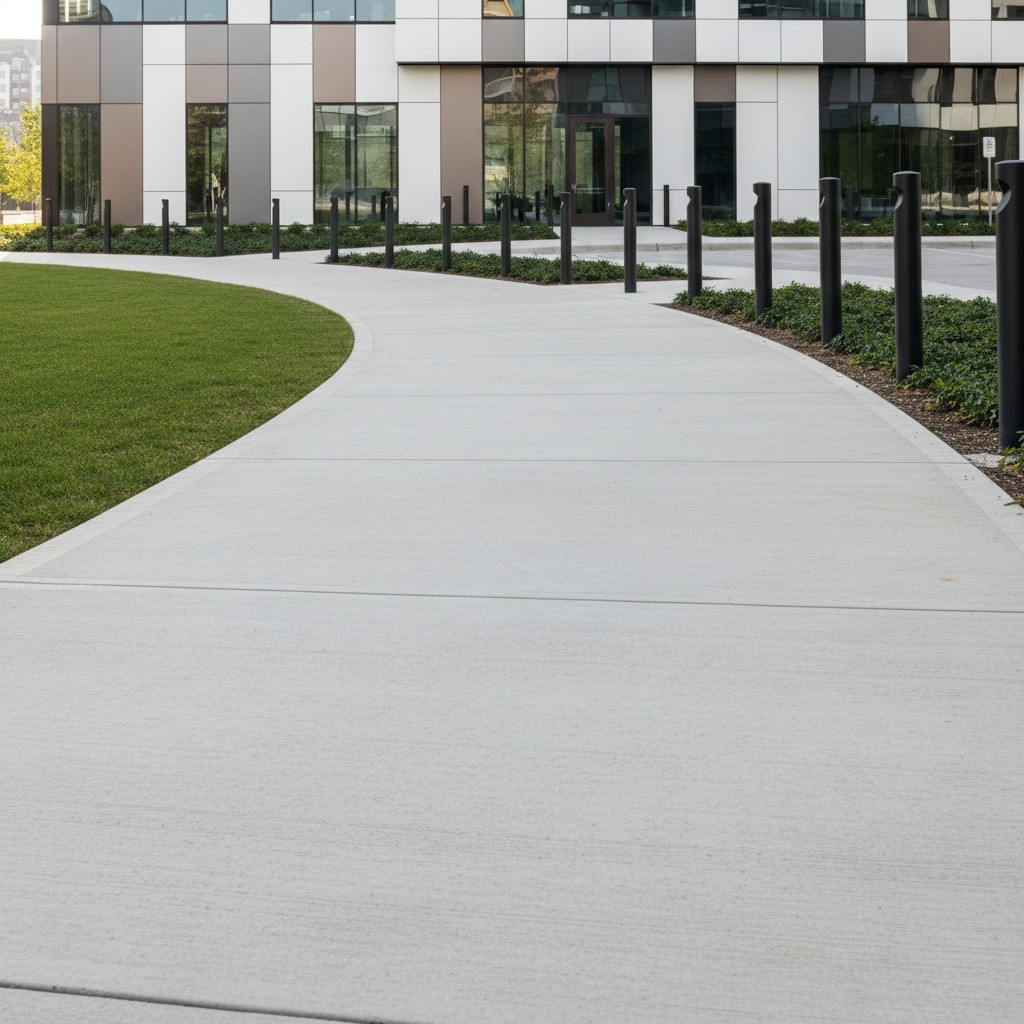 A curved sidewalk outside a modern building with grass and black bollards.