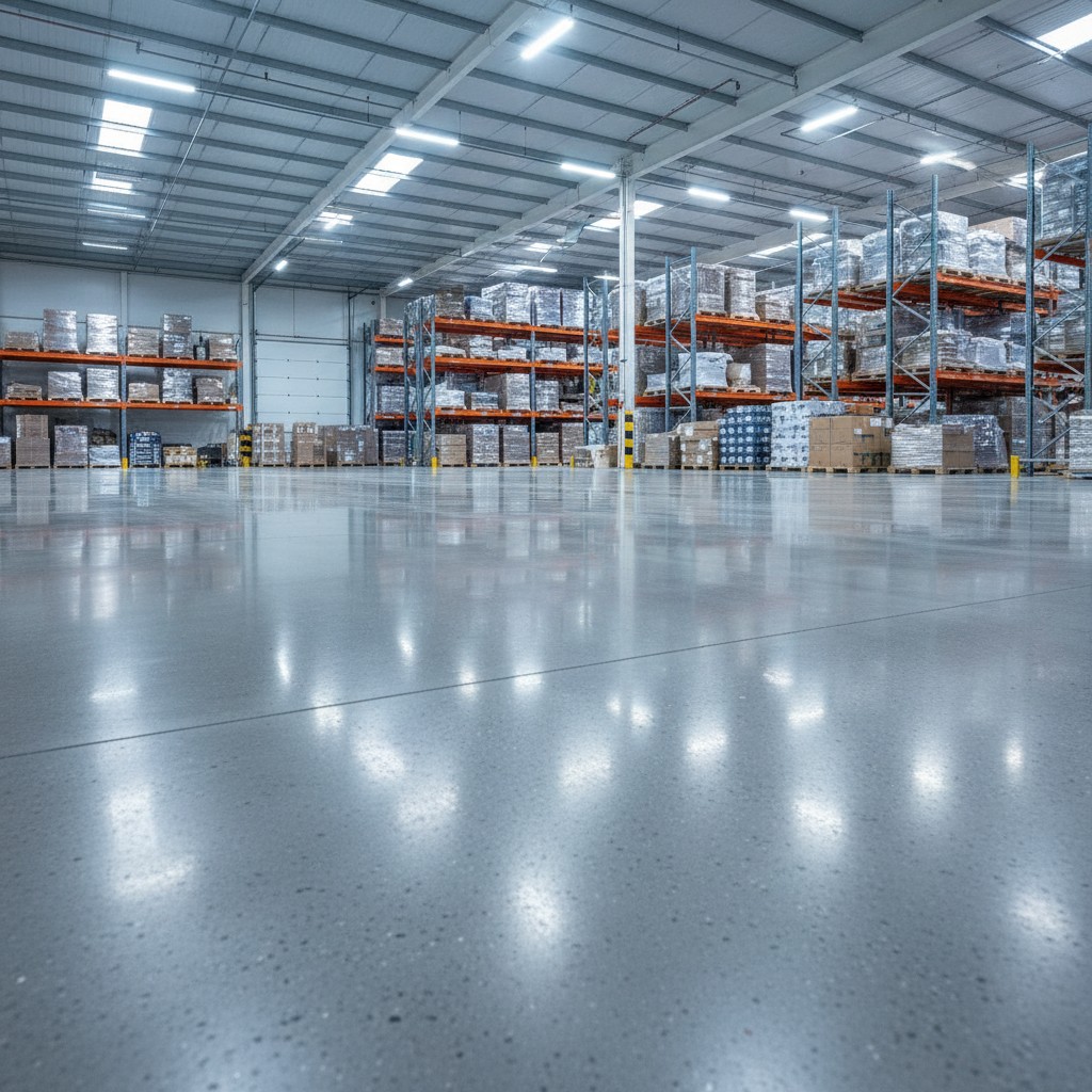 A large warehouse with shelving units containing boxes and pallets.
