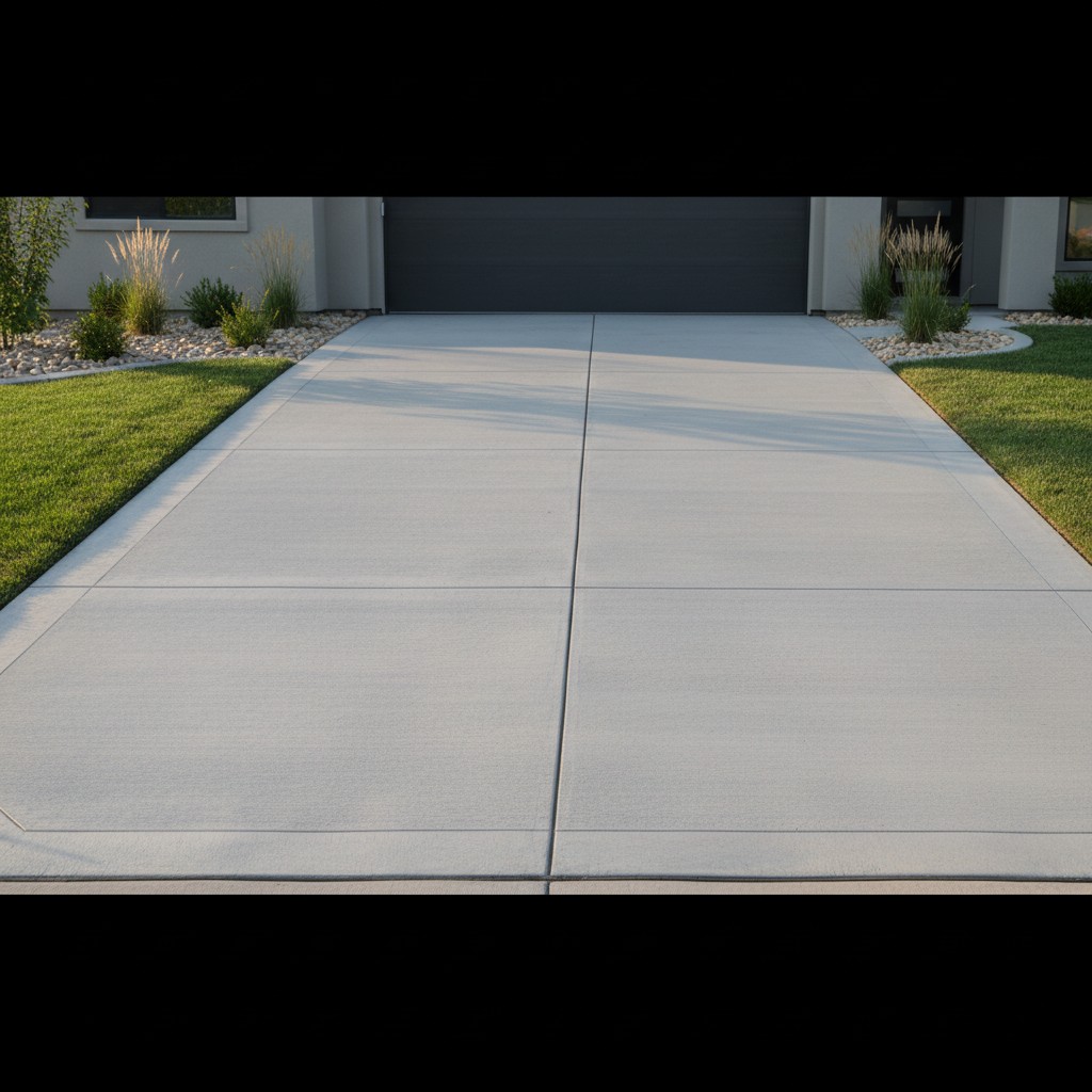 A residential driveway, with a wide, paved path leading up to a garage-style door that spans the entire width of the image...