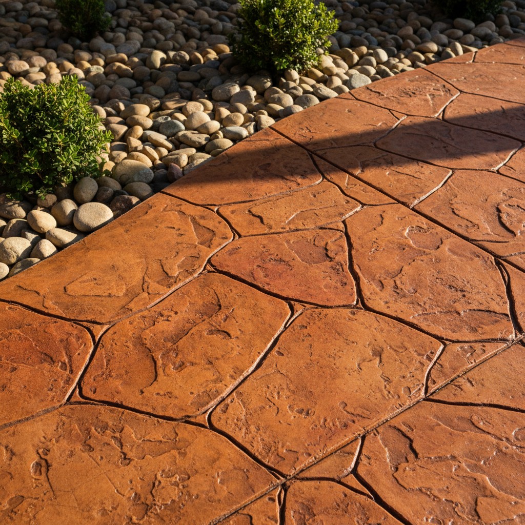 A close-up view of an outdoor patio or driveway surface features irregularly shaped and patterned stone tiles that have be...