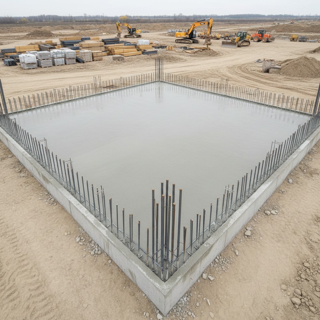 Construction site with foundation in process of being built
