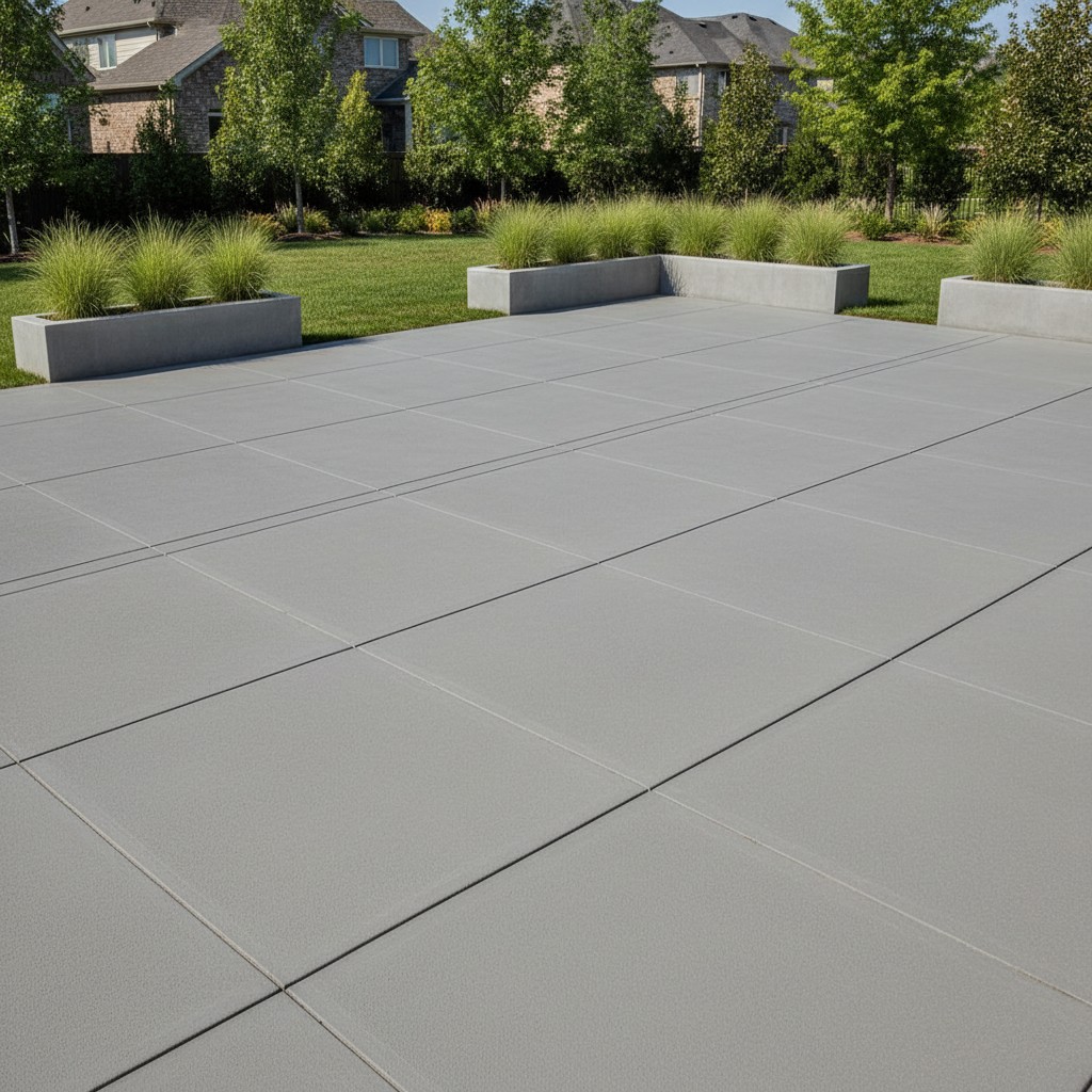 The low-resolution image showcases a gleaming gray patio, likely made from concrete, with large, rectangular tiles in a li...