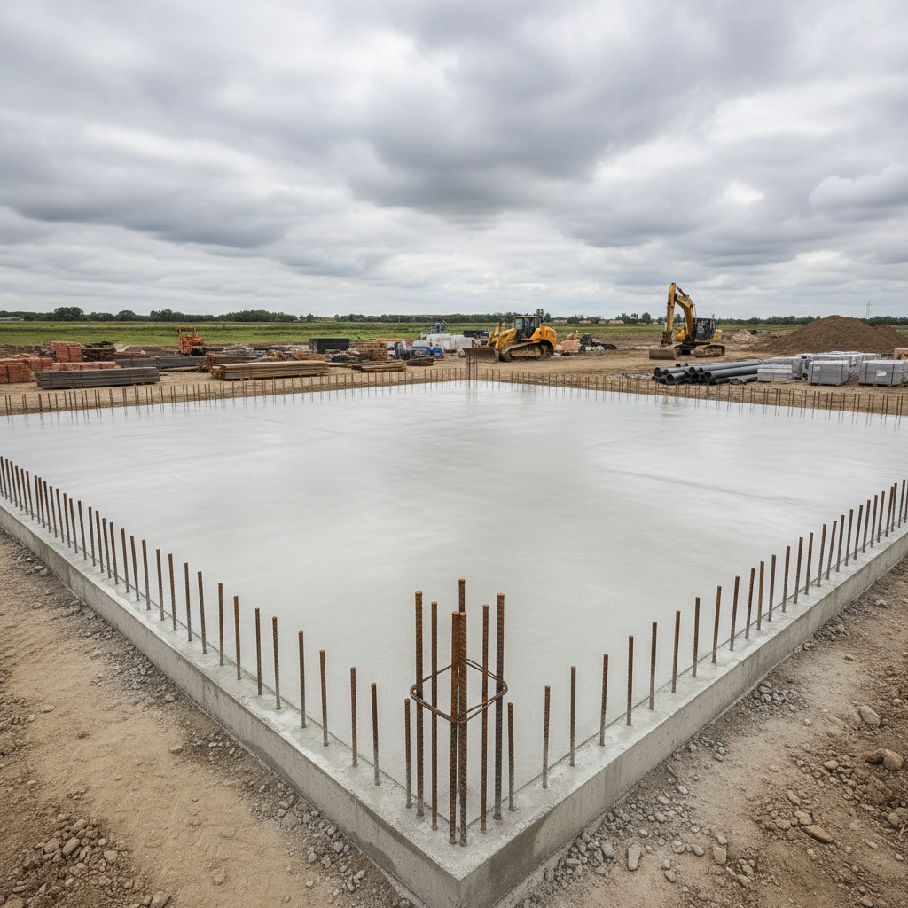 large square concrete pad under construction on dirt ground with metal rebar rising up.